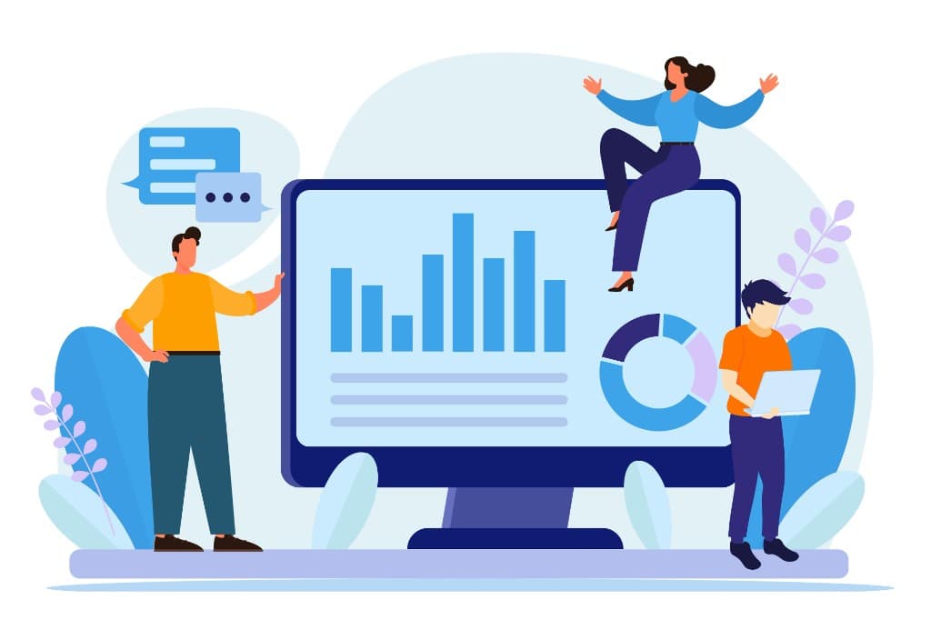 Flat illustration of a professional team analyzing financial data on a large monitor with bar and donut charts