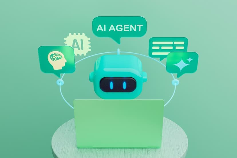 3D illustration of a teal AI robot at a green laptop, with speech bubbles and icons for an AI agent, a brain, and a computer chip, on a mint green background.