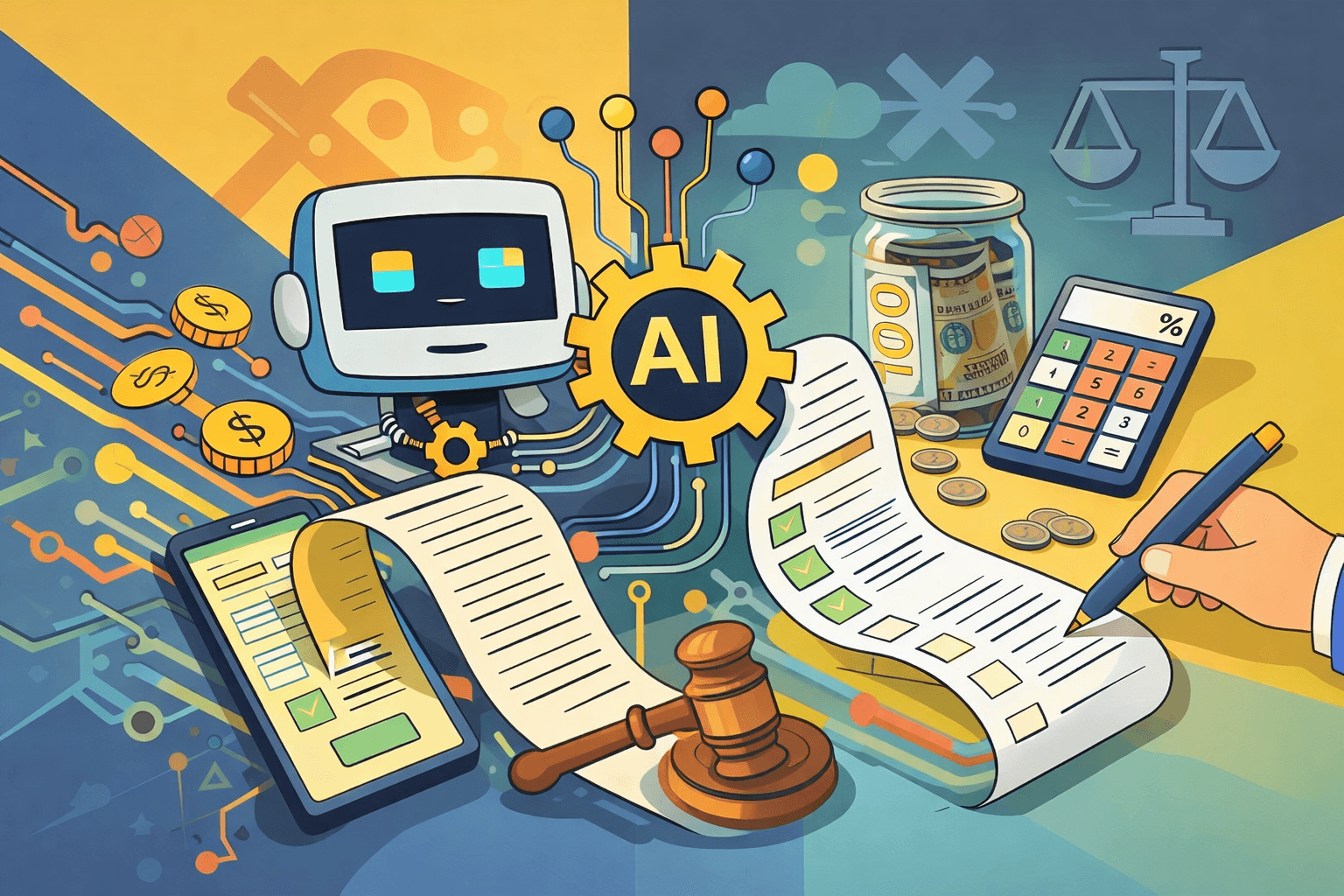 Abstract illustration showing AI-driven billing automation with a robotic system connected to financial elements like invoices, coins, calculator, and digital forms, representing automated payment processing and smart financial workflows.