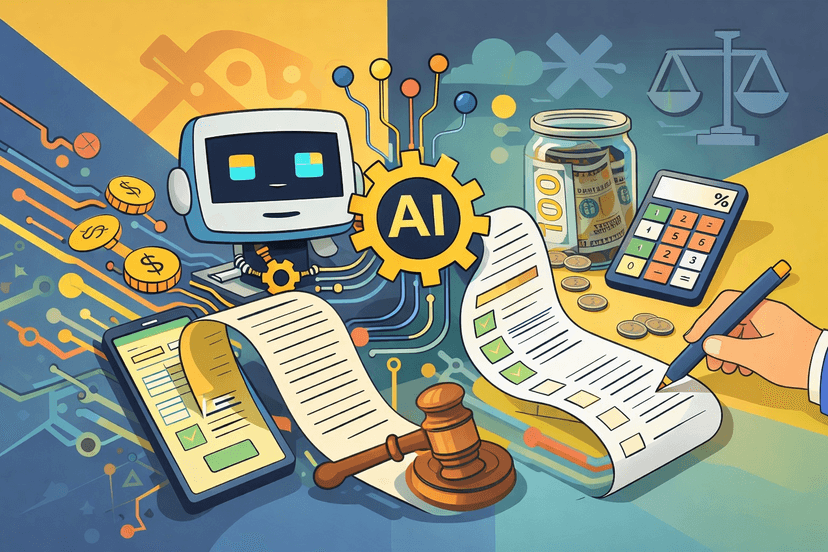 Abstract illustration showing AI-driven billing automation with a robotic system connected to financial elements like invoices, coins, calculator, and digital forms, representing automated payment processing and smart financial workflows.
