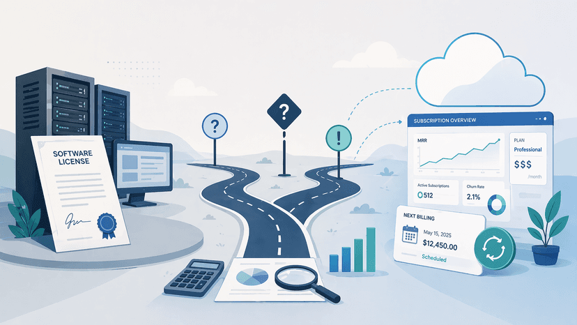 Illustration of the shift from a paper software license and on-premise servers to a cloud SaaS subscription dashboard, with a forked road and question marks representing accounting choices.