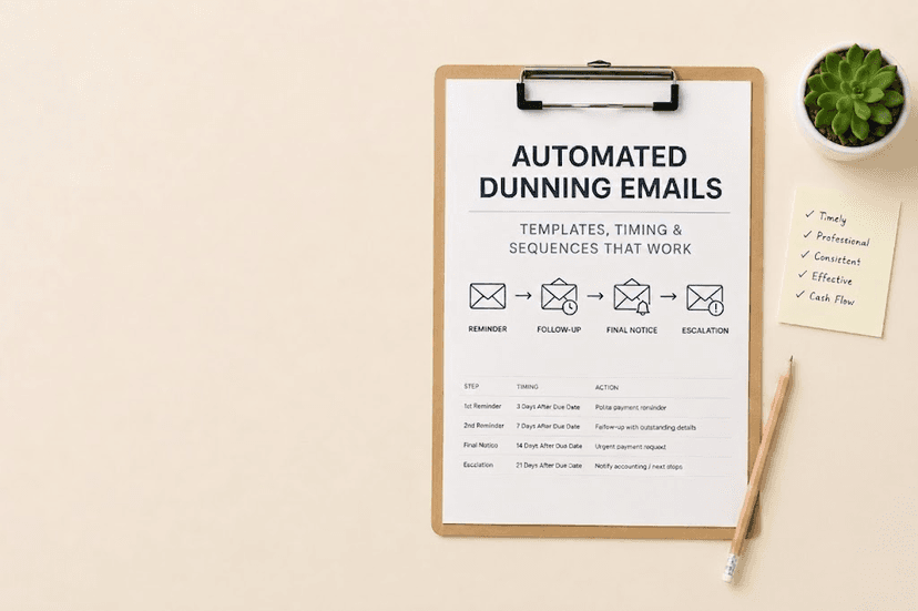 A brown clipboard on a light cream background with a printed document.