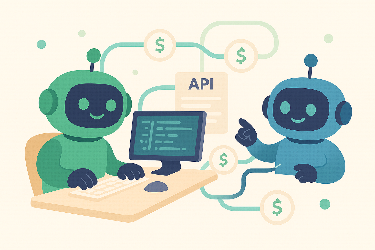 AI robots collaborating on API development with payment flows and dollar symbols