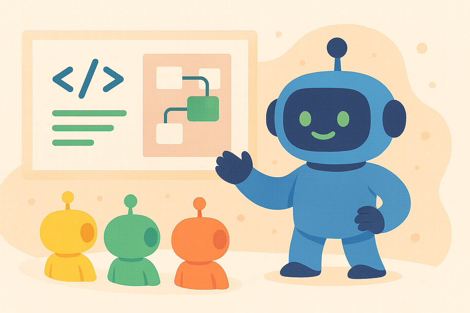 AI robot presenting development opportunities to colorful robot audience with code and flowcharts