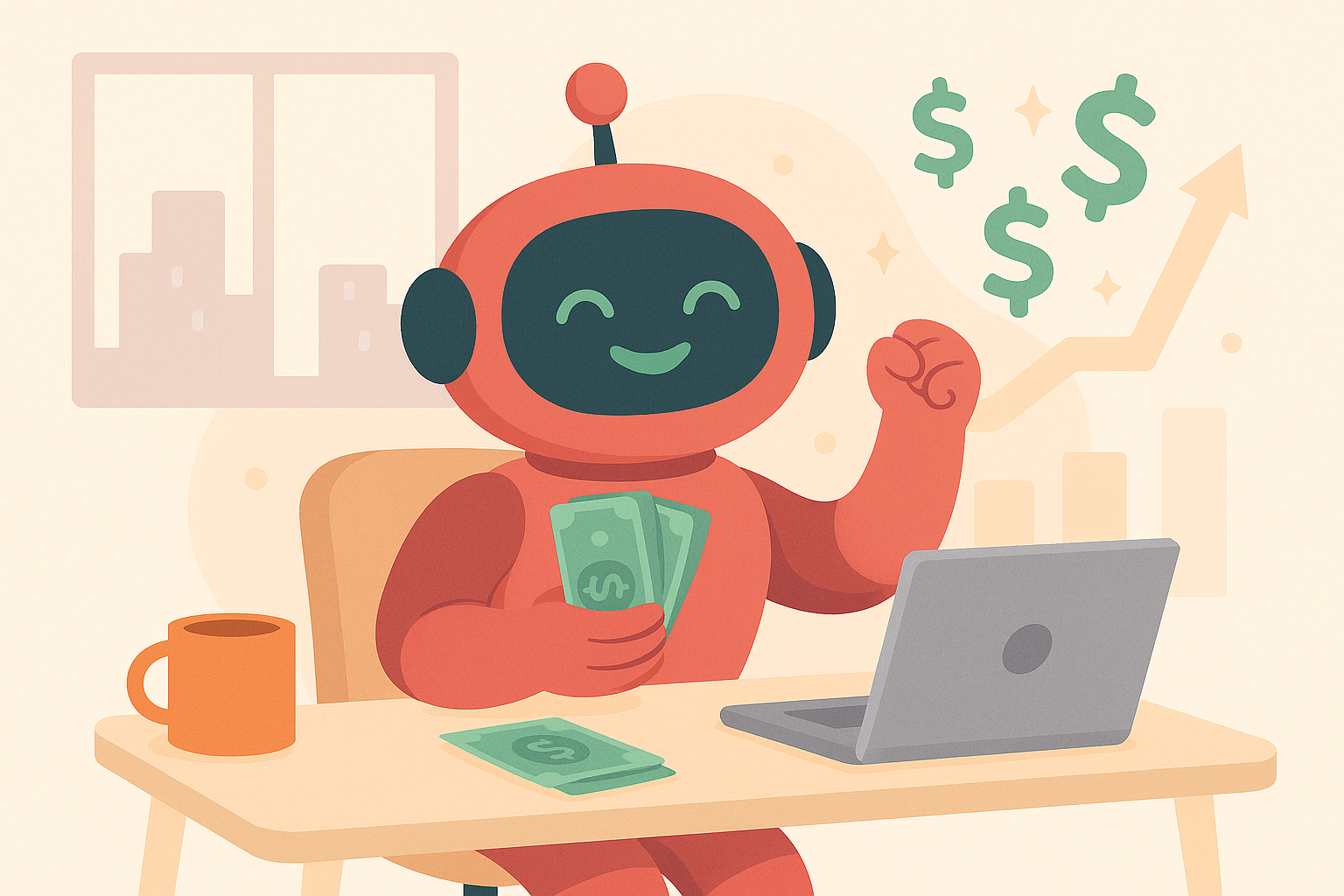 AI robot CFO presenting ASC 606 revenue recognition guidelines with financial charts, compliance checkmarks, and investor confidence metrics for startup success