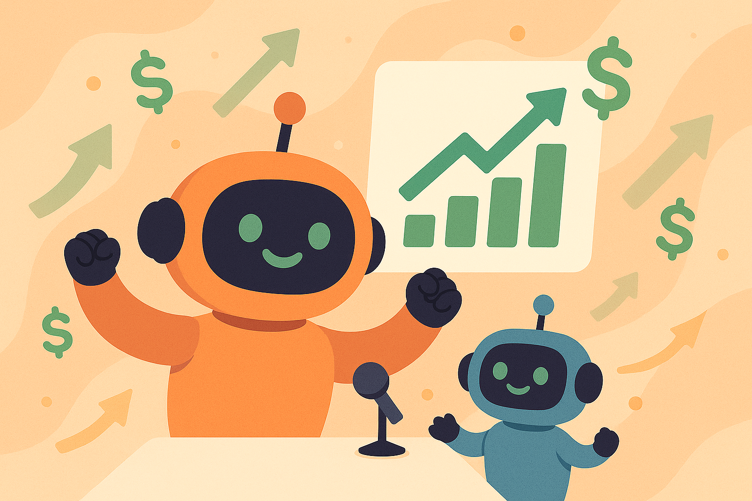 AI robots celebrating revenue growth with upward trending charts and dollar symbols