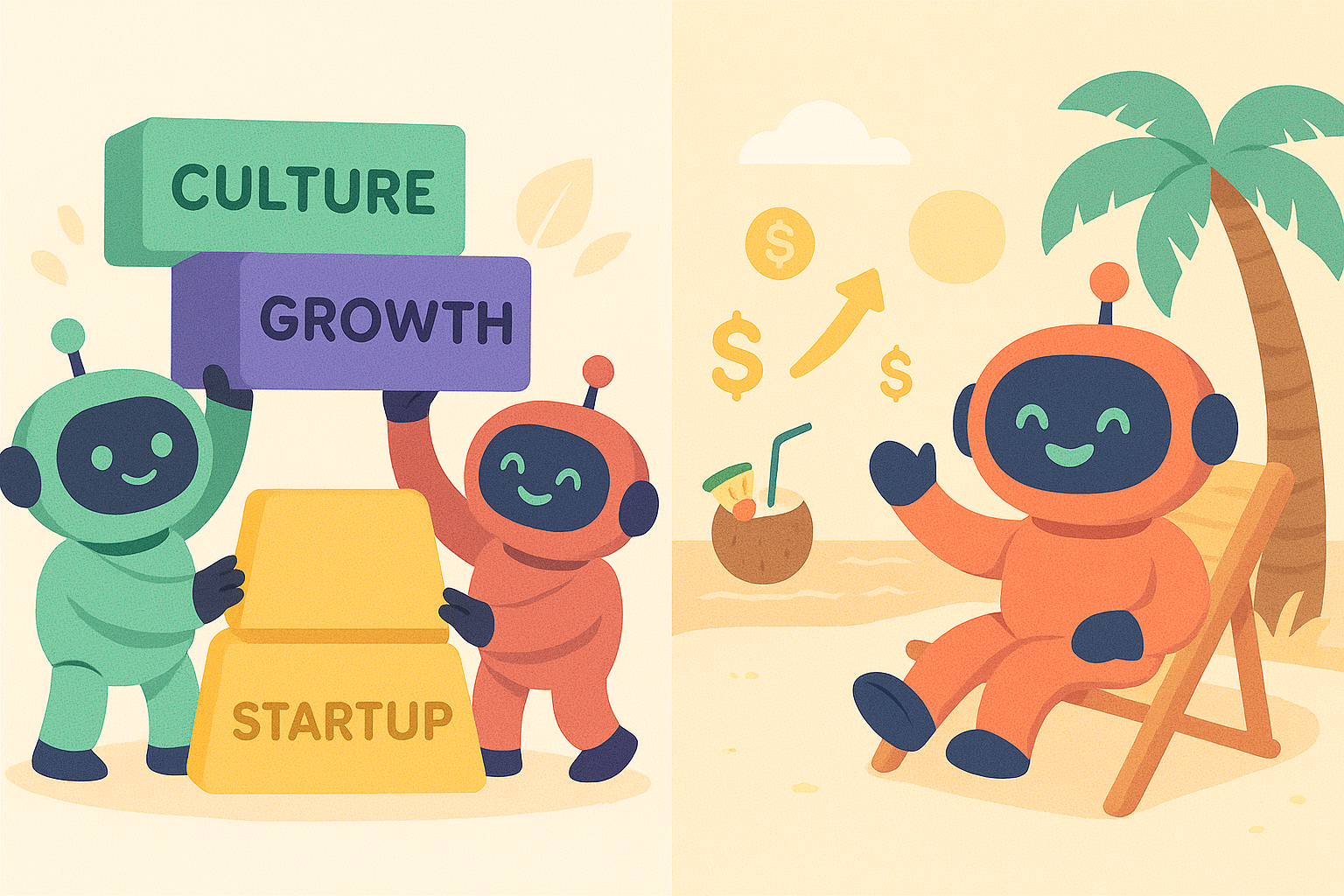 AI robots building startup culture with blocks showing Culture, Growth, and startup elements in a tropical setting