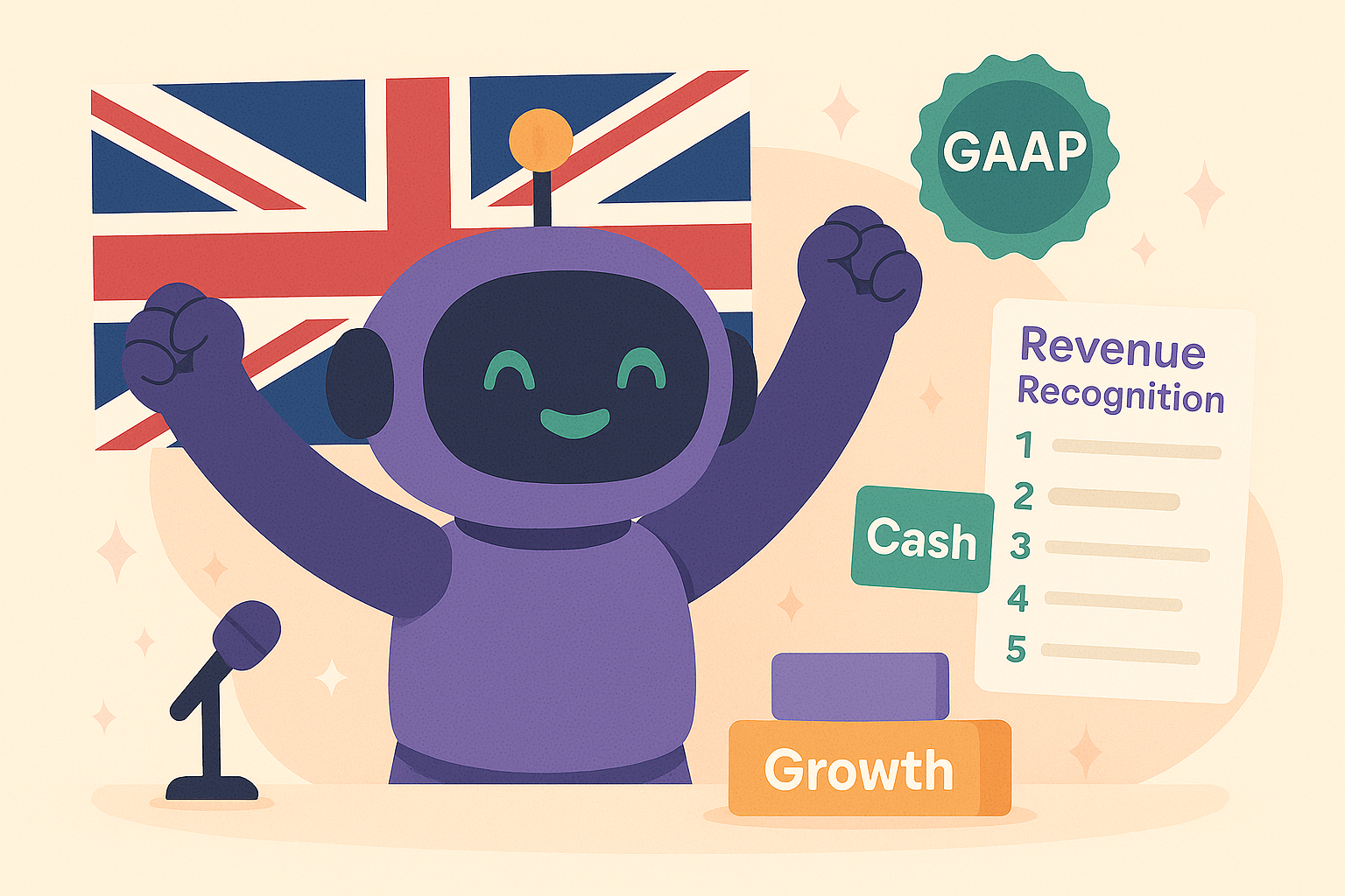 AI robot celebrating with UK flag, GAAP badge, and Revenue Recognition elements representing finance compliance excitement