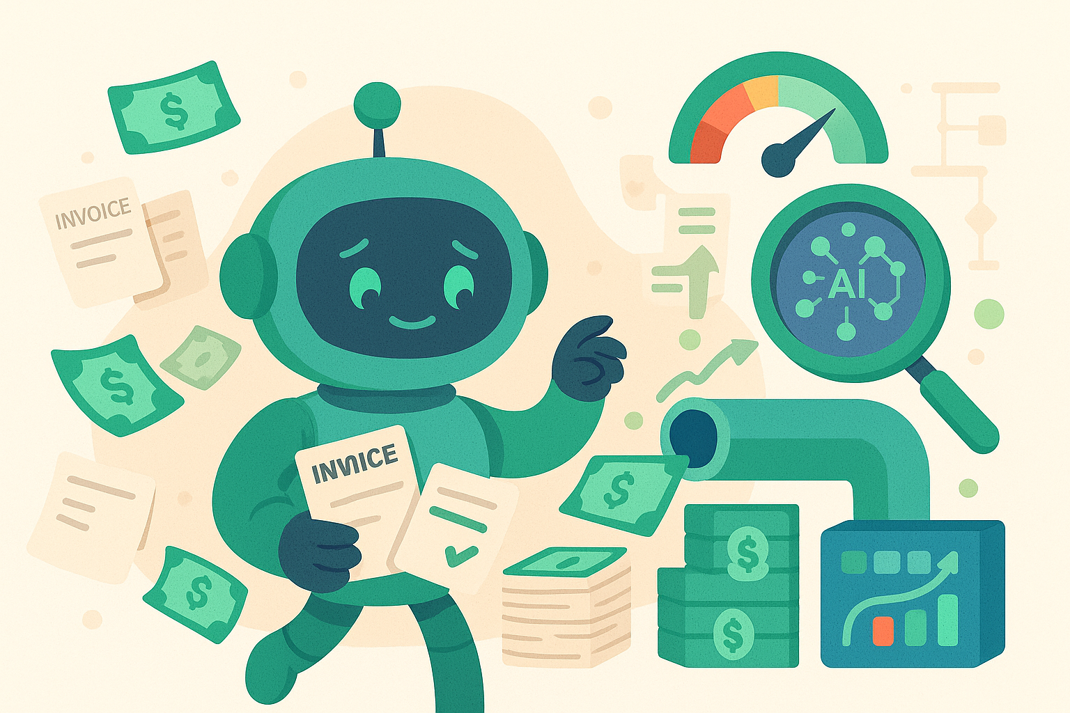 AI robot managing revenue recovery, cash flow optimization, and business growth with financial automation